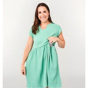 Latched Mama Coastline Cotton Zip Knee Length Dress Gauze Nursing Large Green